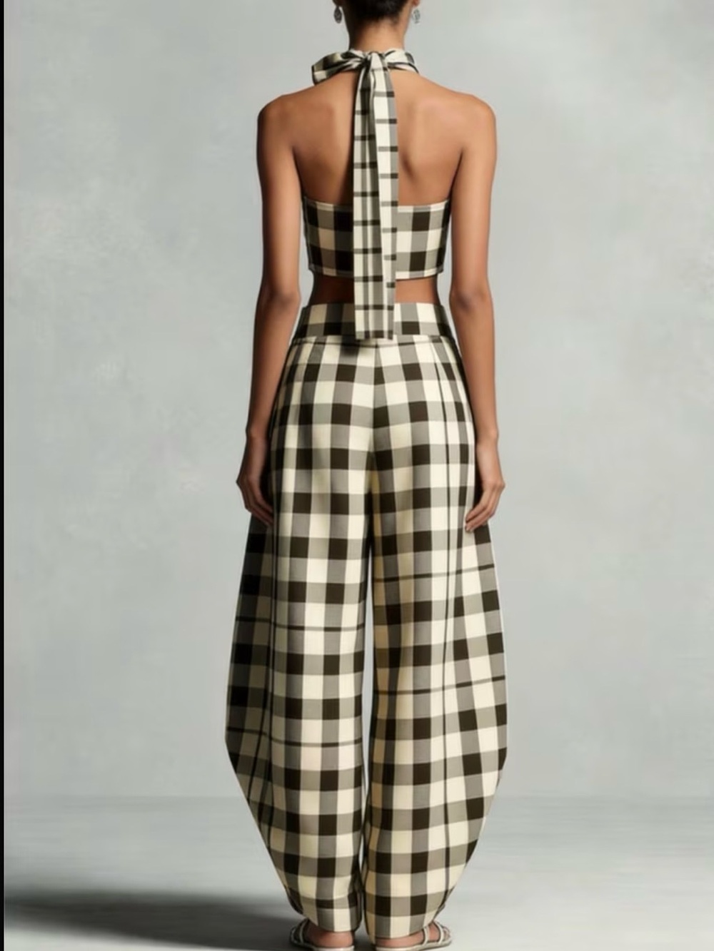 High-Waist Wide Leg Gingham Pants  with matching top in Black & Cream - Picture 3 of 3